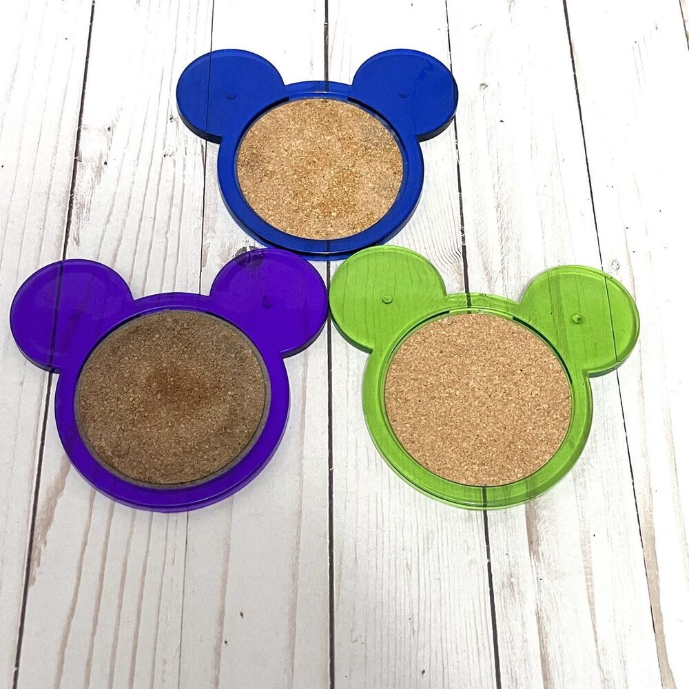 Disney Mickey Mouse Ears Colored Acrylic Cork Center Coasters Set of 3